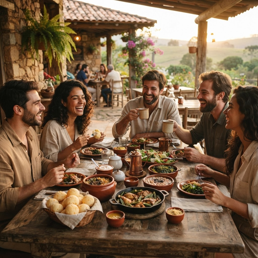 Amigos aproveitando uma refeição típica de Minas Gerais